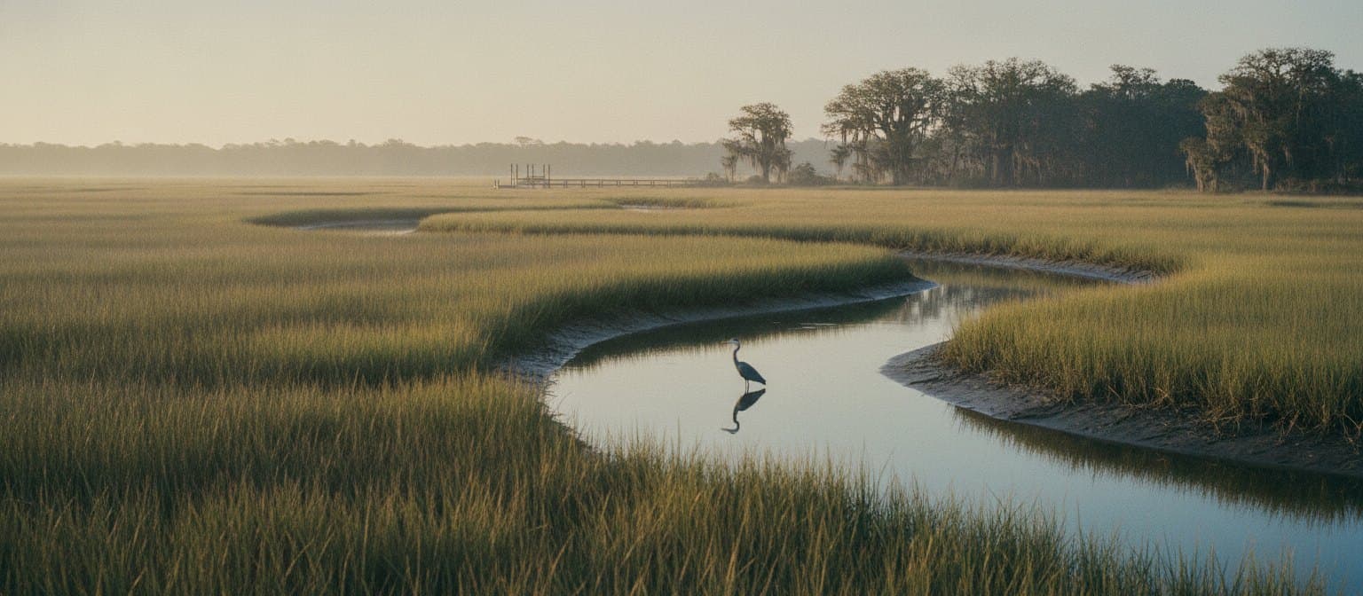 Lowcountry salt marsh at sunrise with a tidal creek and a great blue heron.