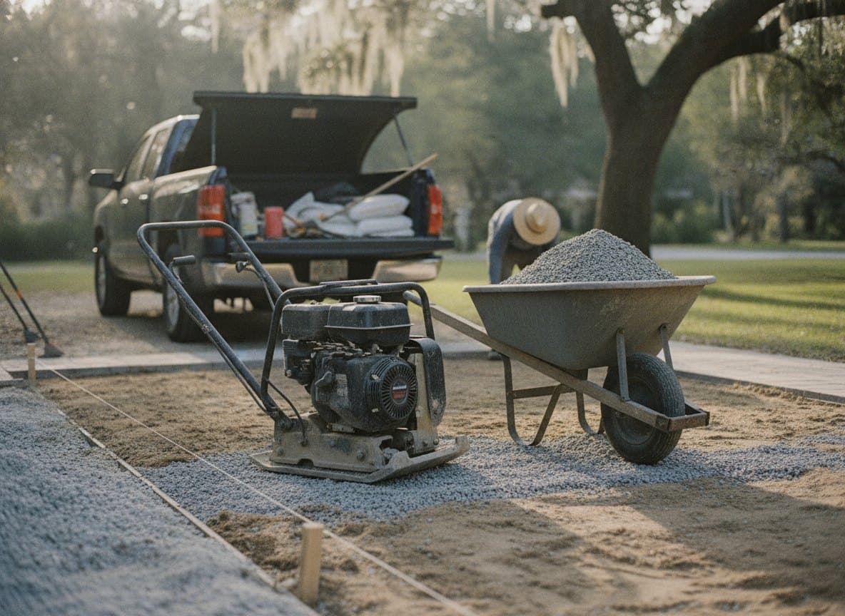 A plate compactor and wheelbarrow of crushed stone on a prepared yard.