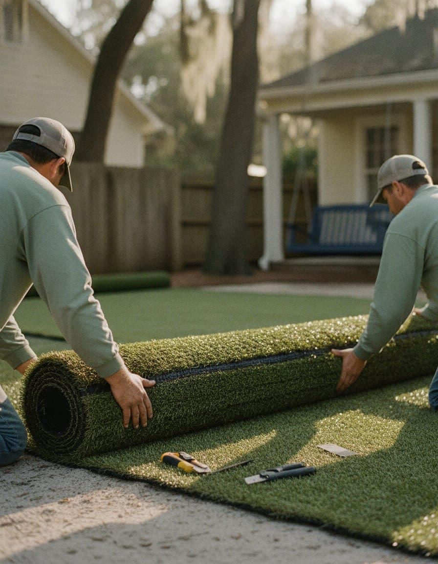 Two crew members in sage shirts rolling out turf.