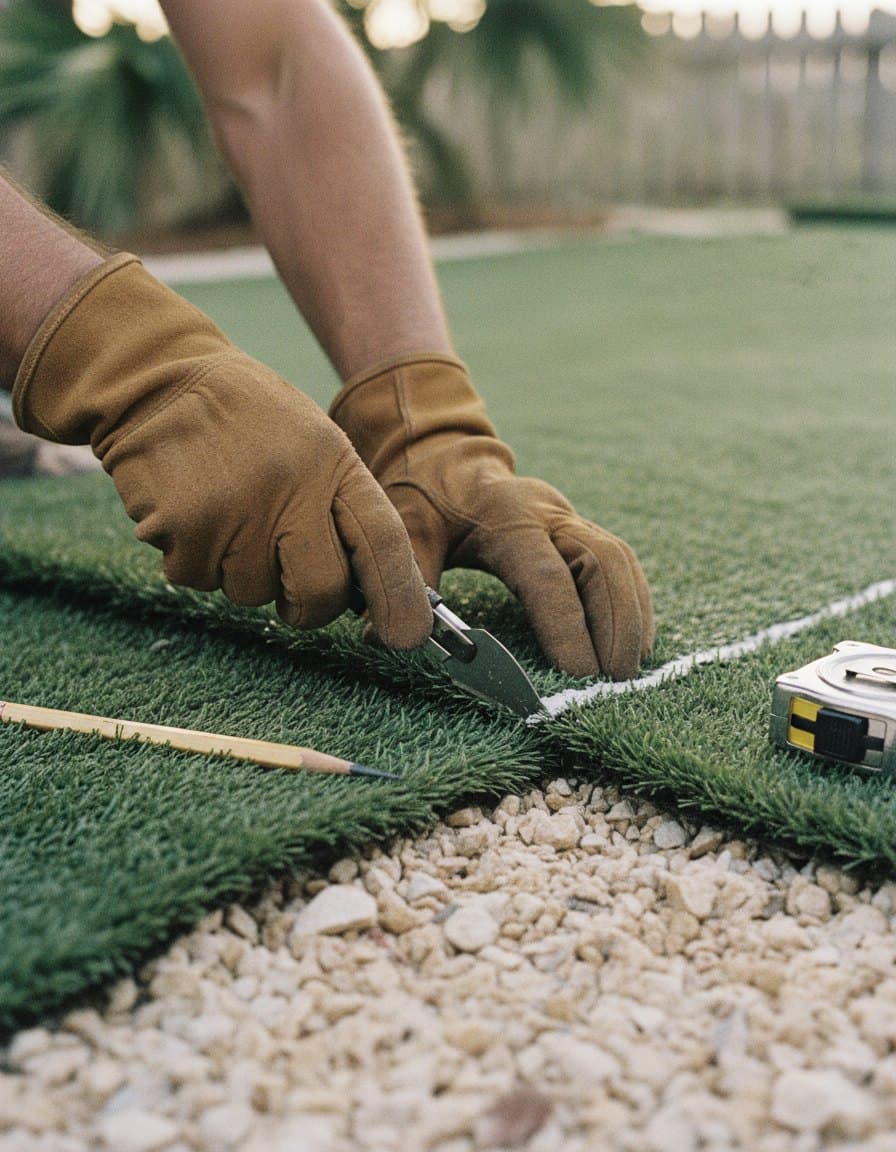 Gloved hands seaming turf with a knife.