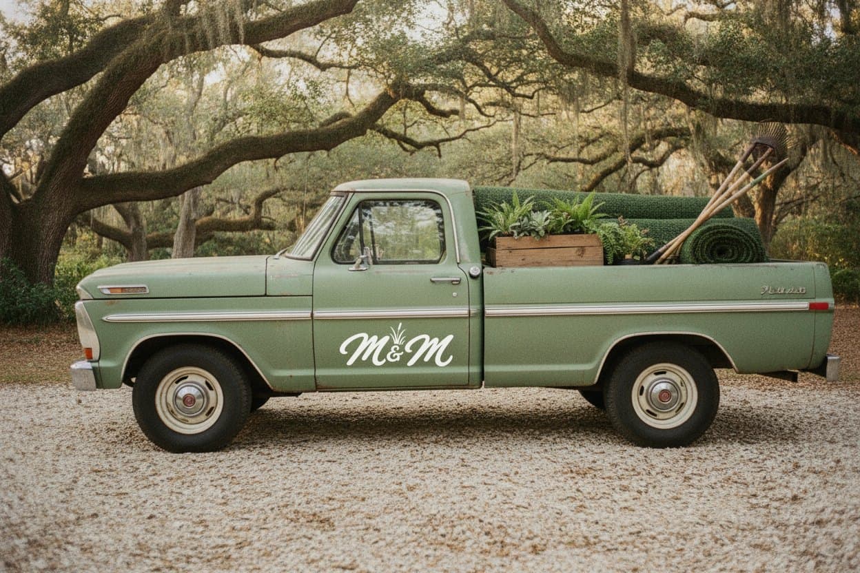 The faded sage Marsh & Mane pickup parked on an oyster-shell lane under live oaks, turf rolls and plants in the bed, the M&M mark on the door.
