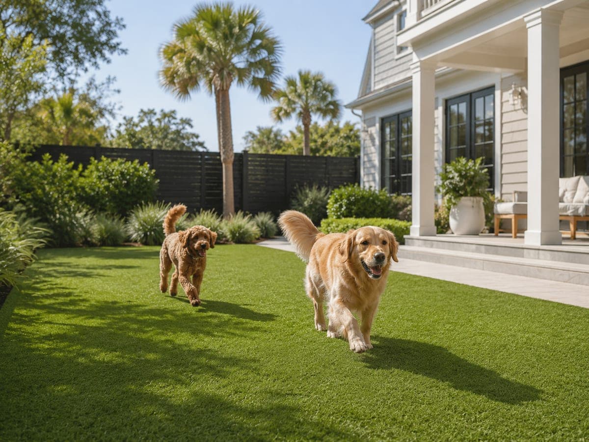 A dog on a pet-friendly turf yard