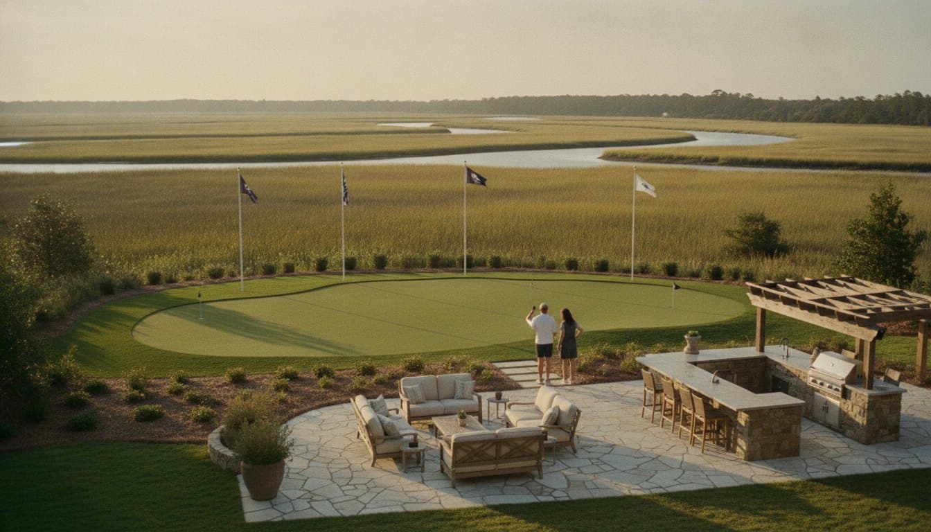 The Back Nine: A sculpted three-cup green with chipping fringe overlooking the marsh and the Wando River.