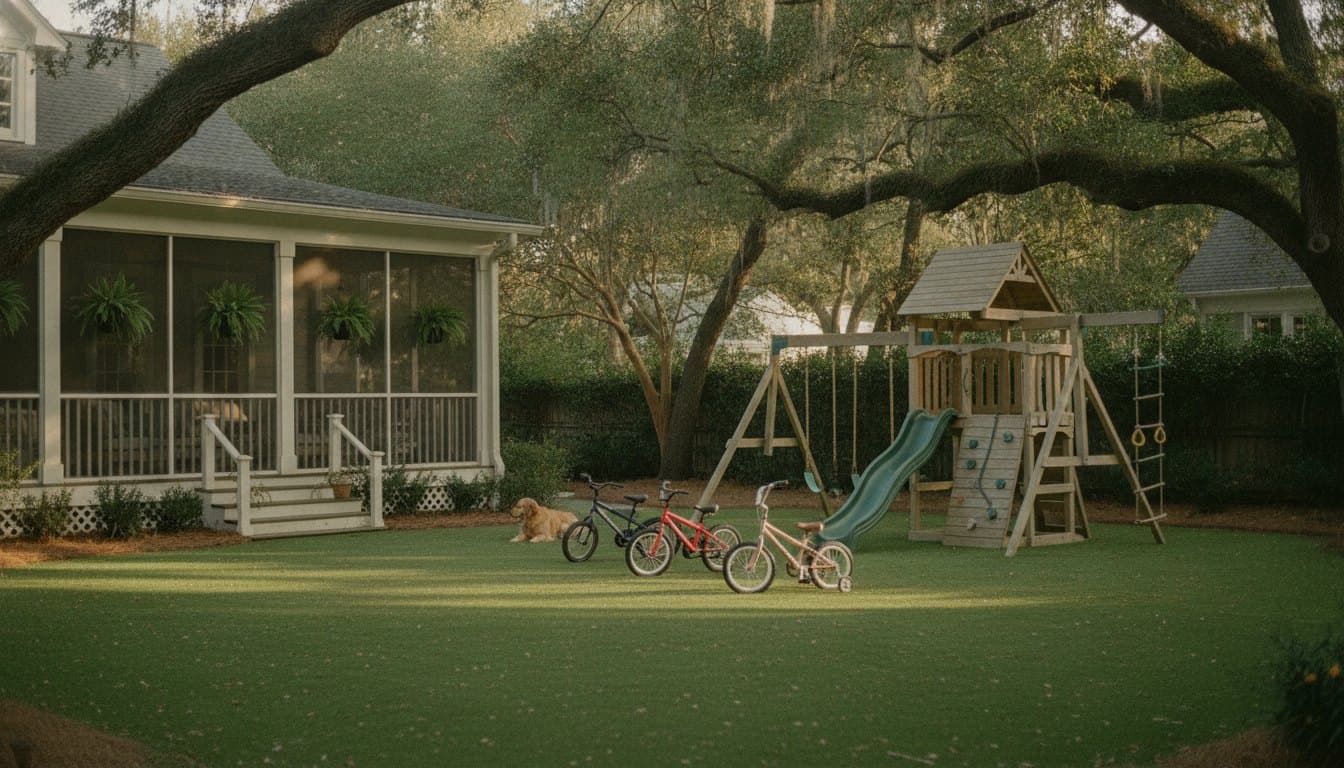 A West Ashley family yard with turf, a wooden playset and live oaks overhead.