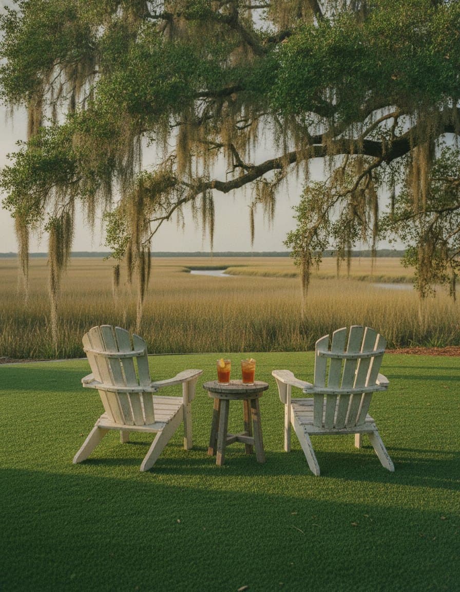 Adirondack chairs on a clean turf lawn under a mossy live oak, marsh beyond.